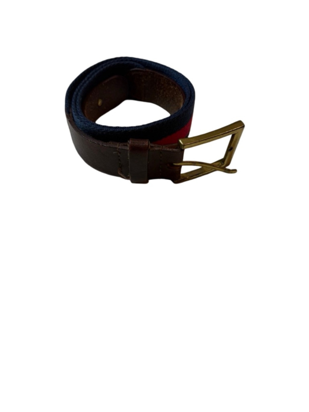 Southern Tide Navy Red Stripe Ribbon Leather Belt Brass Buckle Size 34